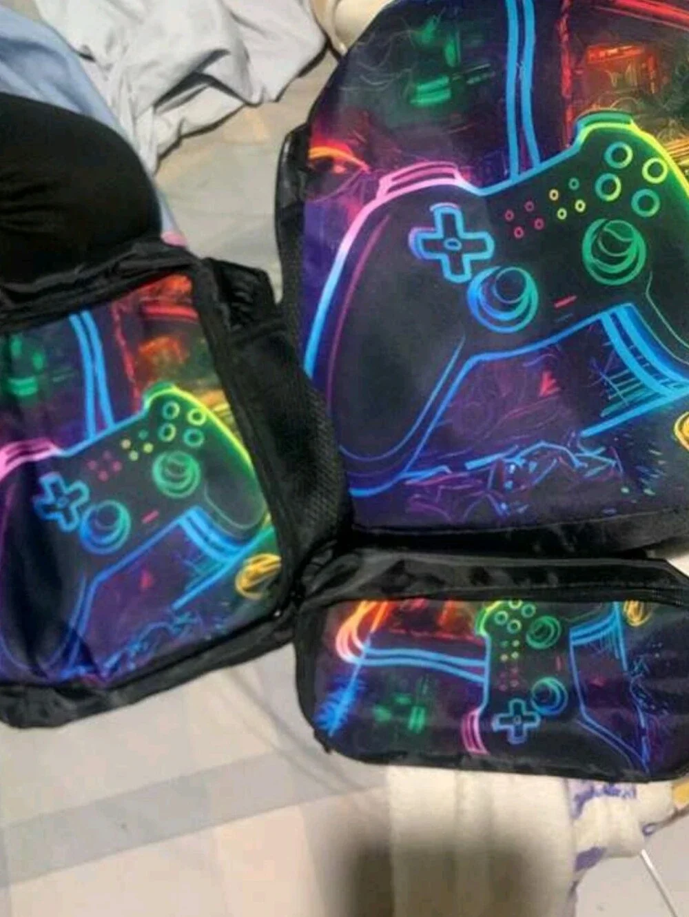 Neon Gamer Backpack Set - Black with Multicolor Controller Graphic
